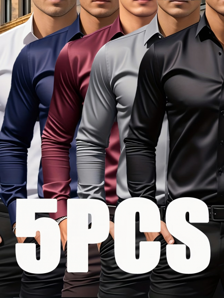 [5er-Set] Herrenhemden in Unifarben, langärmlig, Business Casual, geeignet für Beruf und Freizeit